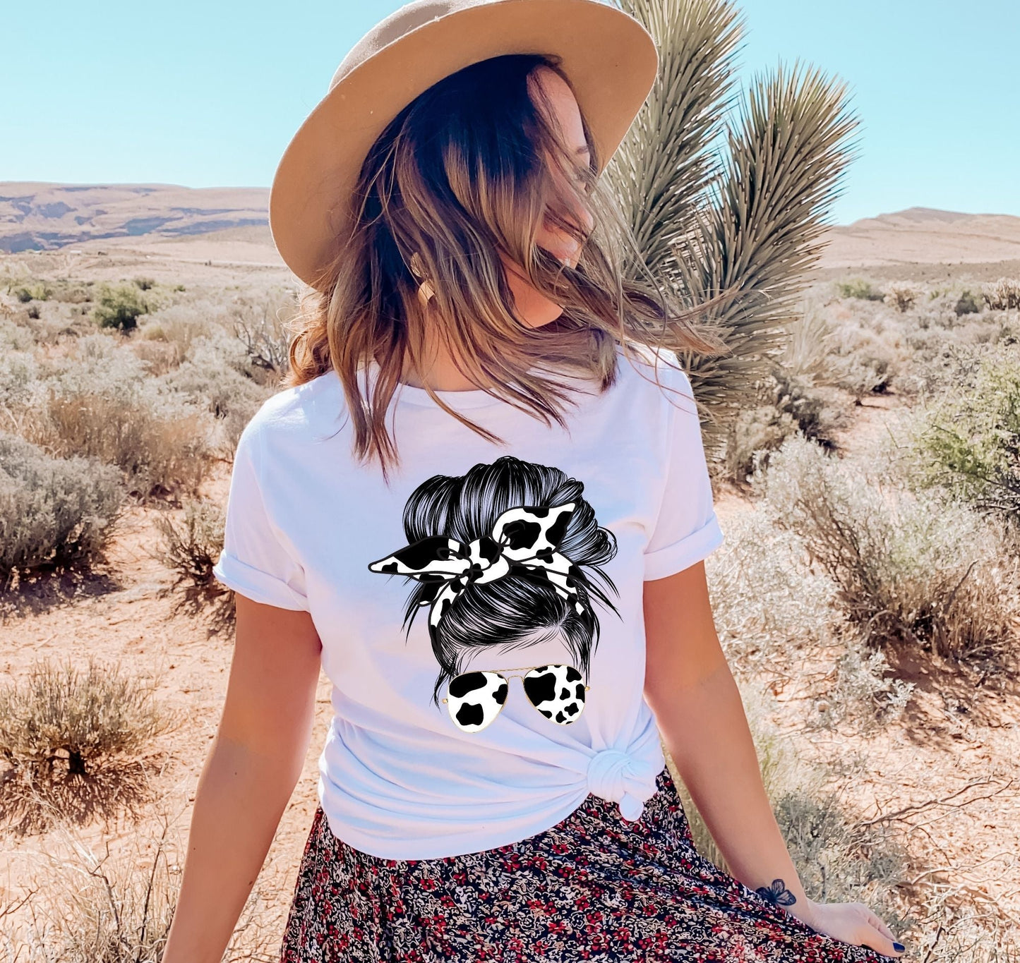 Black and White Cow Hide Shirt - Mom Bun Shirt