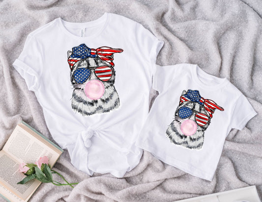 4th of July Cat Blowing Bubblegum Shirt - Mommy and Me Shirts