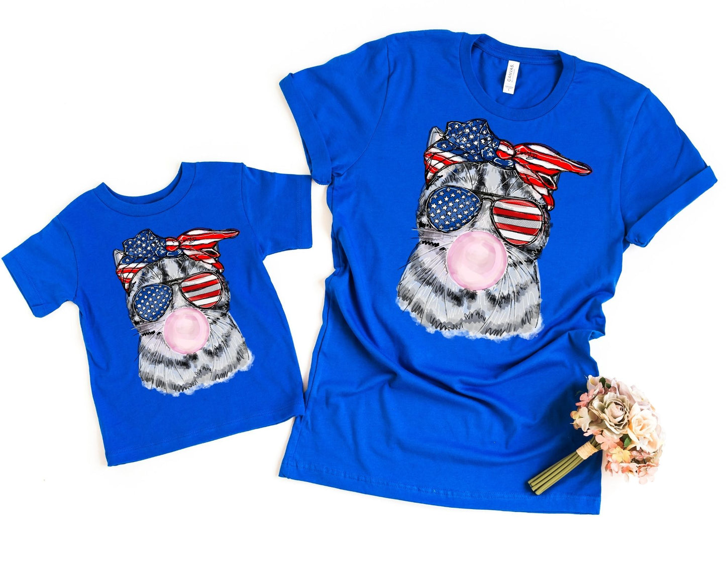 4th of July Cat Blowing Bubblegum Shirt - Mommy and Me Shirts