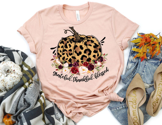 Grateful Thankful Blessed Leopard Pumpkin Shirt - Fall Shirt
