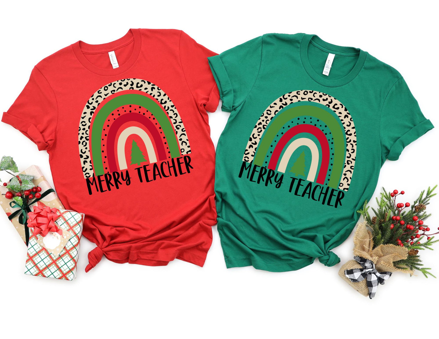 Merry Teacher Rainbow Shirt - Christmas Teacher Shirt