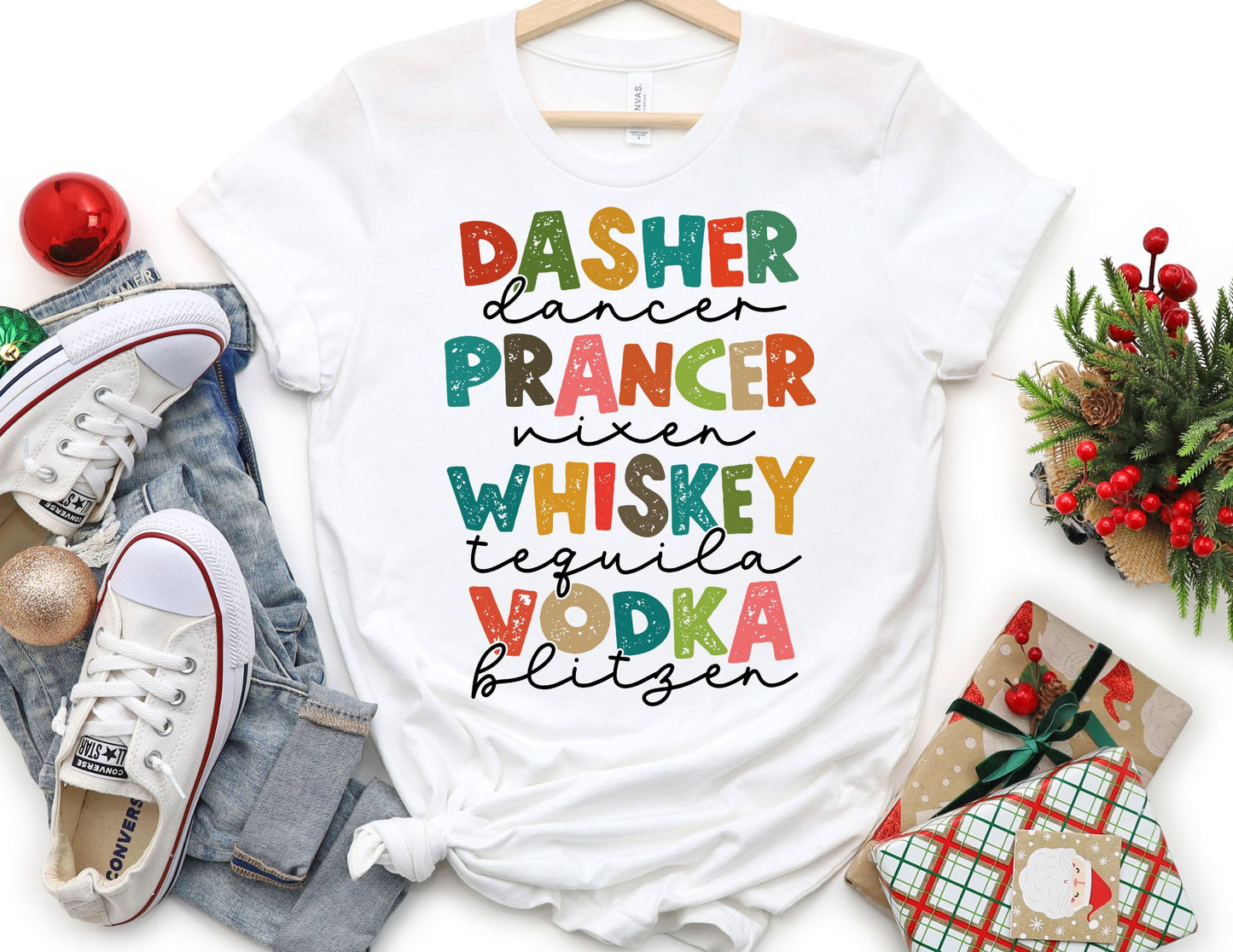 Dasher Dancer Prancer Vixen Whiskey Tequila Vodka Blitzen Shirt - Christmas Shirt