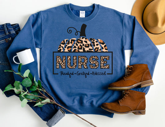 Nurse Leopard Pumpkin Thankful Grateful Blessed Sweatshirt - Nurse Sweatshirt