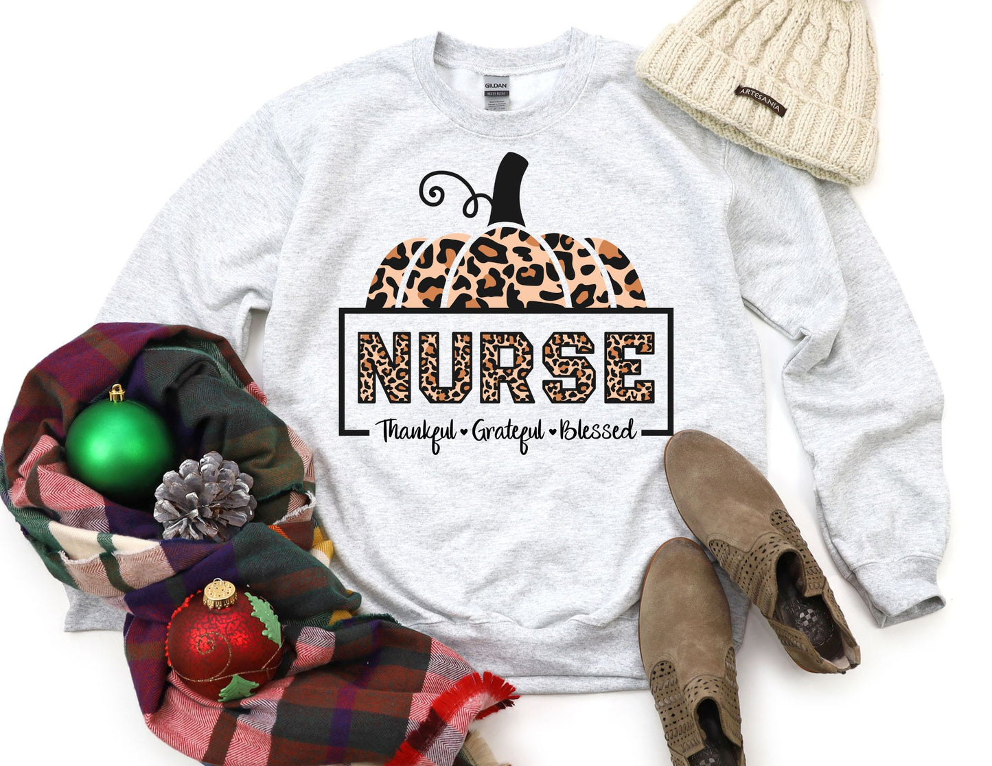 Nurse Leopard Pumpkin Thankful Grateful Blessed Sweatshirt - Nurse Sweatshirt