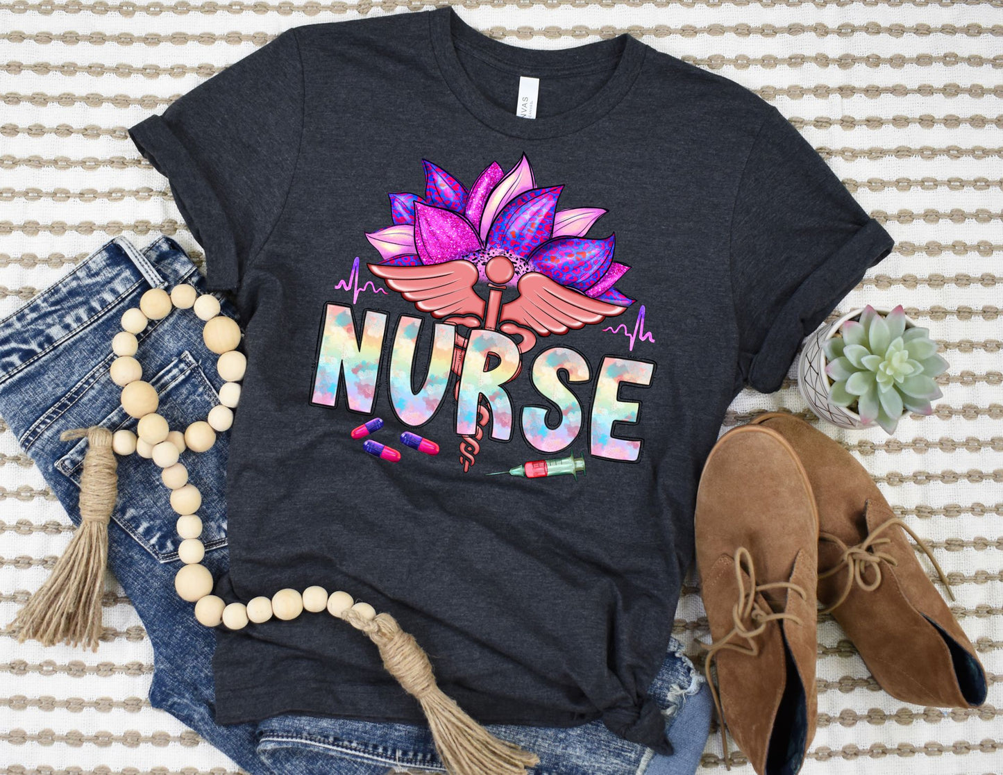 Colorful Floral Nurse Caduceus Shirt - Nurse Shirt