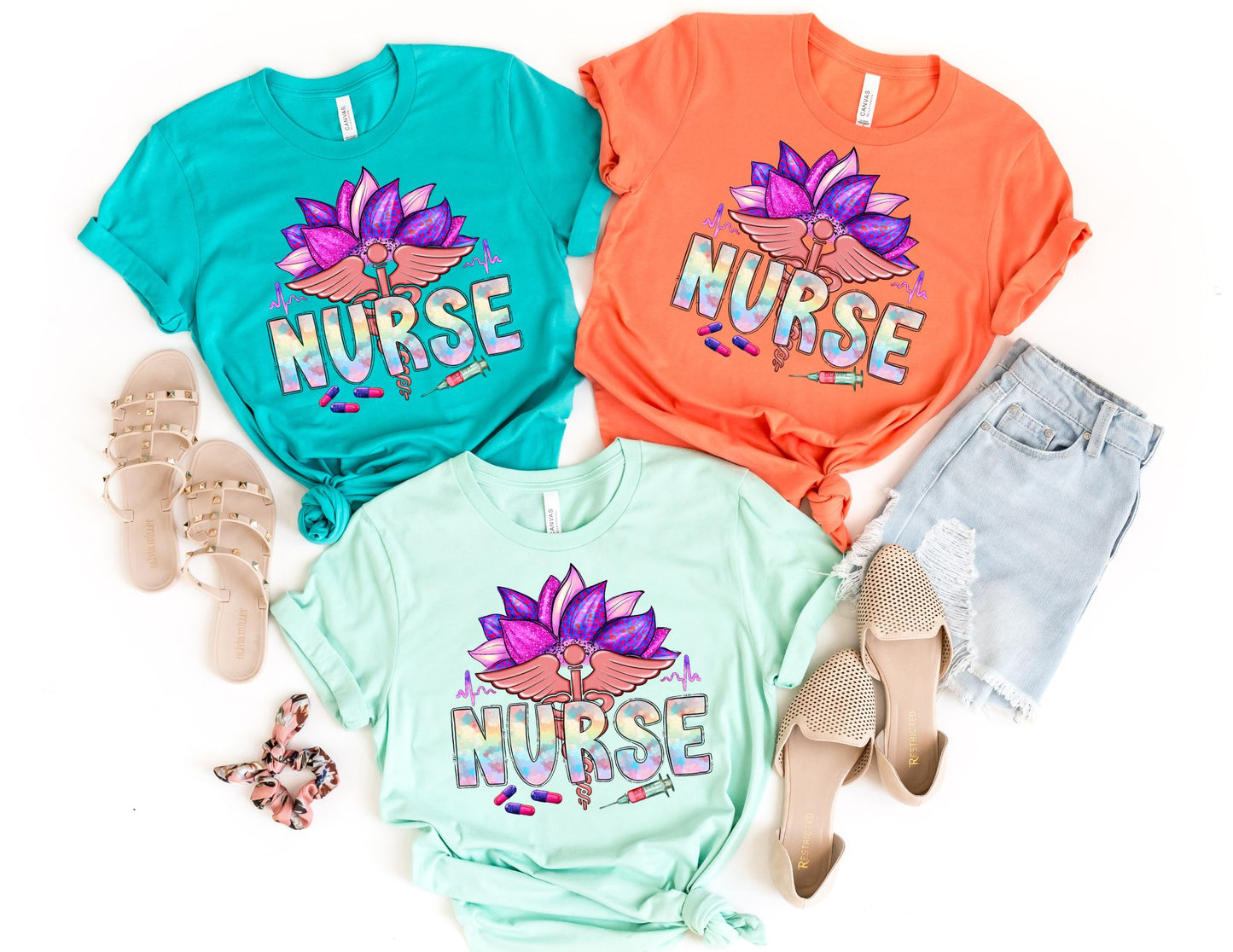 Colorful Floral Nurse Caduceus Shirt - Nurse Shirt