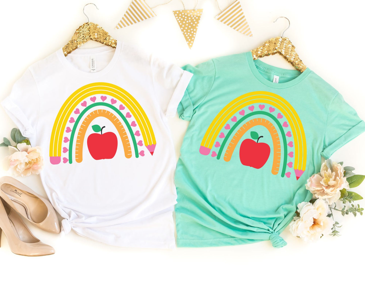 Teacher Pencil Apple Rainbow Shirt - Teacher Shirt