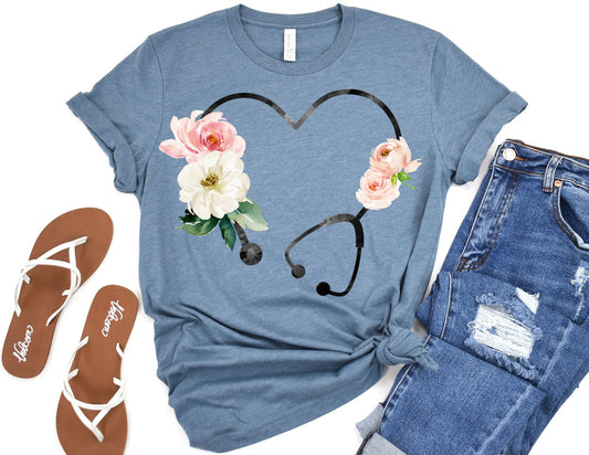 Floral Heart Stethoscope Shirt - Nurse Shirt