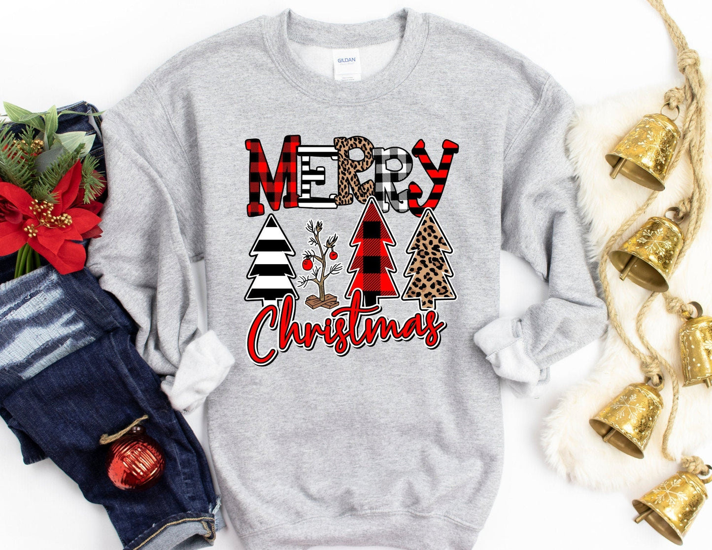 Merry Christmas With Trees Sweatshirt - Christmas Sweatshirt