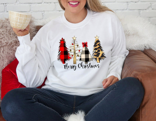 Merry Christmas Sweatshirt with Trees - Christmas Sweatshirt