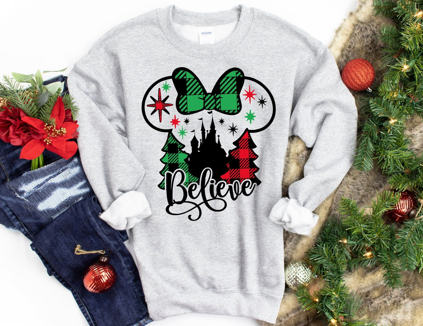 Believe Christmas Sweater with Trees - Christmas Sweatshirt