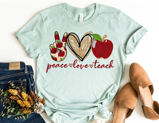 Peace Love Teach with Apple Shirt - Teacher Shirt