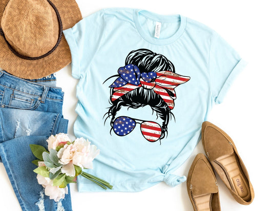 American Flag Sunglasses and Bandana Lady - July 4th Shirt