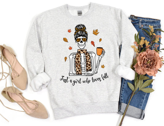 Just a Girl Who Loves Fall Skeleton Sweatshirt - Fall Leopard Sweatshirt