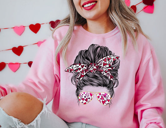 Valentines Lady Messy Bun Sweatshirt - Valentines Day Sweatshirt