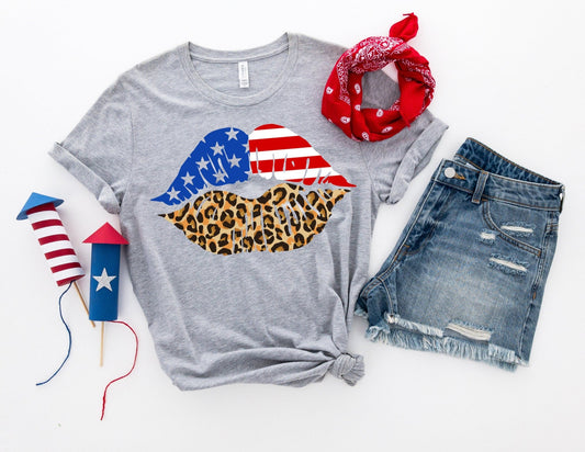 American Flag Leopard Lips - Fourth of July Shirts