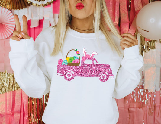 Pink Glitter Easter Truck Sweatshirt - Happy Easter Sweatshirt